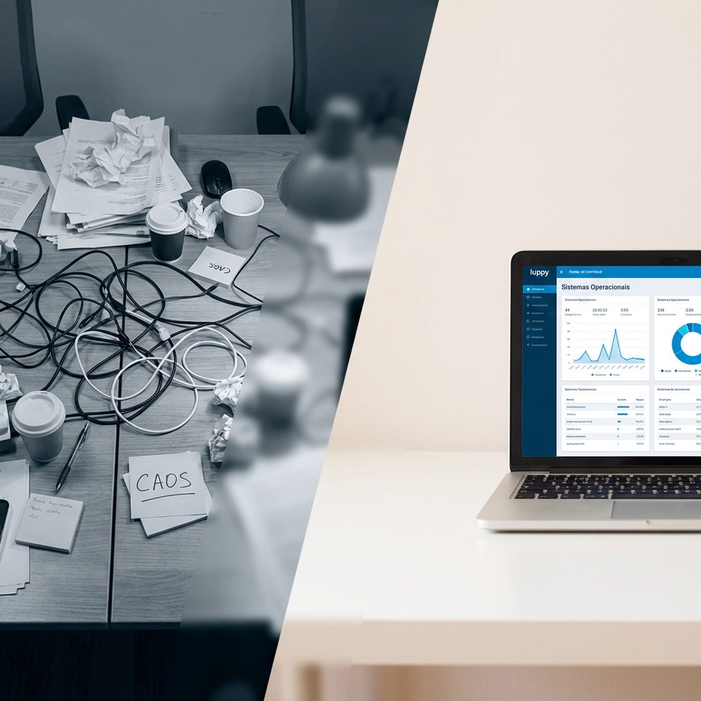 Comparativo entre a gestão manual caótica e a gestão organizada com a plataforma Iuppy.