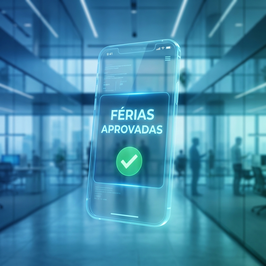 Interface de aplicativo mobile mostrando aprovação de férias automatizada pela Iuppy.